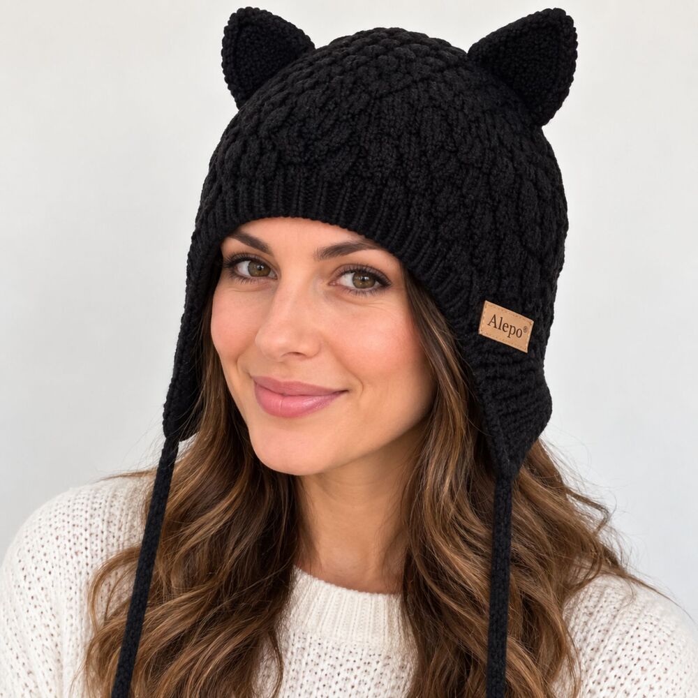 Alepo Black Knit Winter Hat Cat Ears Earflap Fleece Lined Women's NWOT